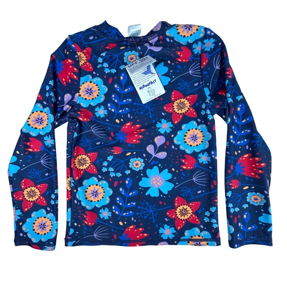 UpAndFast Girls Floral Rash Guard Long Sleeve UPF 50+ Swim Shirt Navy 8Y NEW